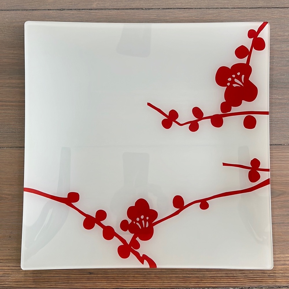 Set of 2 red & white glass CB2 platters.